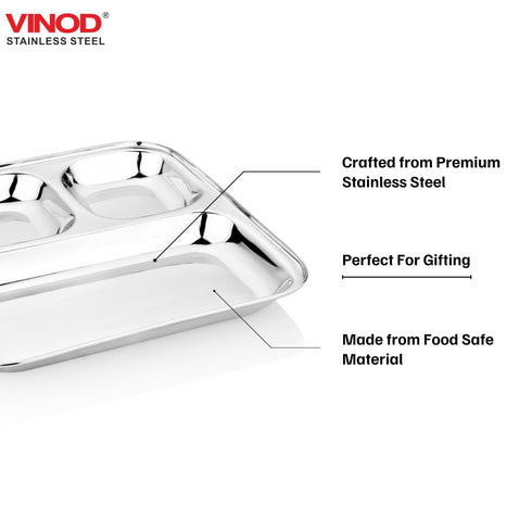 Vinod Stainless Steel 3 Compartment Plate with Square Edges Pav Bhaji Plate Serving Plate Lunch Dinner Plate High Quality Steel Pack of 2