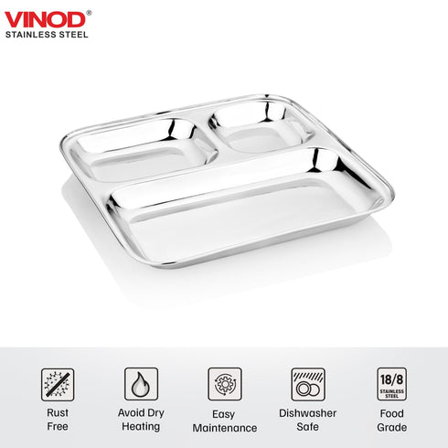 Vinod Stainless Steel 3 Compartment Plate with Square Edges Pav Bhaji Plate Serving Plate Lunch Dinner Plate High Quality Steel Pack of 2