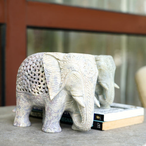 CREATUNIQ Stone Elephant Sculpture with Intricate Jali Carving