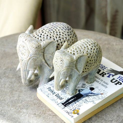 CREATUNIQ Stone Elephant Sculpture with Intricate Jali Carving