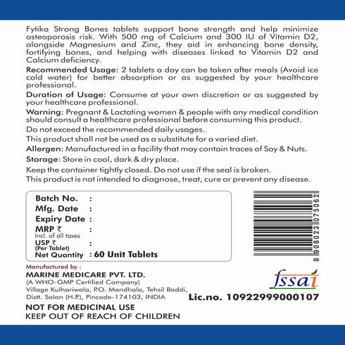 Fytika Healthcare Products Fytika Strong Bones Bone Health Supplement Supports Bone Health 1000 MG Calcium Vitamin D2 Magnesium Zinc For Men Women 60 tablets
