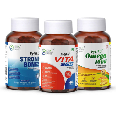 Fytika Healthcare Products Fytika Strong Bones Vita 365 & Omega 1000 Combo Pack of 3 Supports Overall Health For Men Women 60 Tablets Each 60 capsules