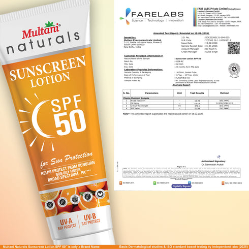 Multani Pharmaceuticals Limited Multani Naturals SPF 50 Vitamin C Sunscreen Lotion Helps Protect From Sun Burn Non Oily Broad Spectrum PA UV A & UV B Ray Protecter