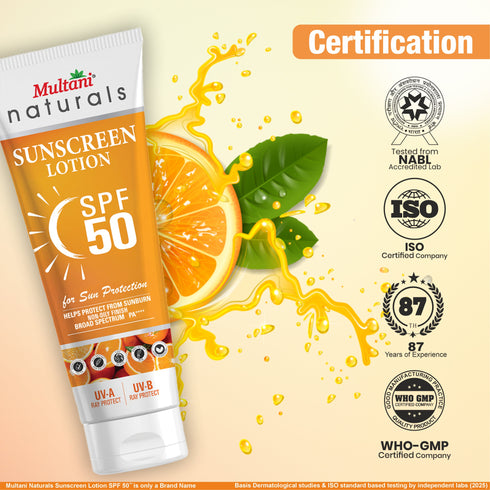 Multani Pharmaceuticals Limited Multani Naturals SPF 50 Vitamin C Sunscreen Lotion Helps Protect From Sun Burn Non Oily Broad Spectrum PA UV A & UV B Ray Protecter