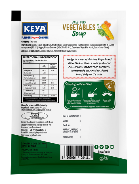 Keyafoods Keya Sweet Corn Veg Soup Four Serves