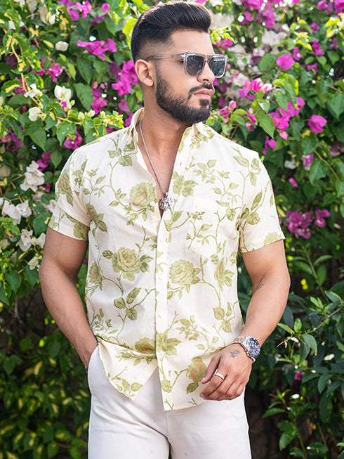 Miravan Mens Tea Green Floral Printed Half Sleeve Slim Fit Shirt