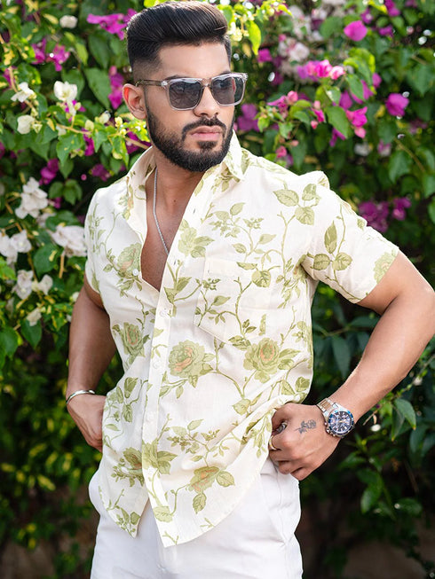 Miravan Mens Tea Green Floral Printed Half Sleeve Slim Fit Shirt