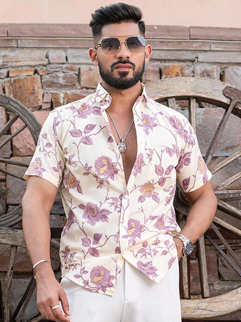 Miravan Mens Pink Floral Printed Half Sleeve Slim Fit Shirt