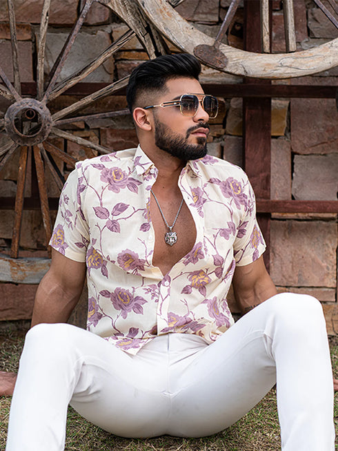 Miravan Mens Pink Floral Printed Half Sleeve Slim Fit Shirt