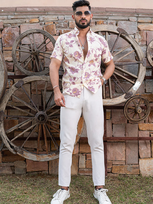 Miravan Mens Pink Floral Printed Half Sleeve Slim Fit Shirt