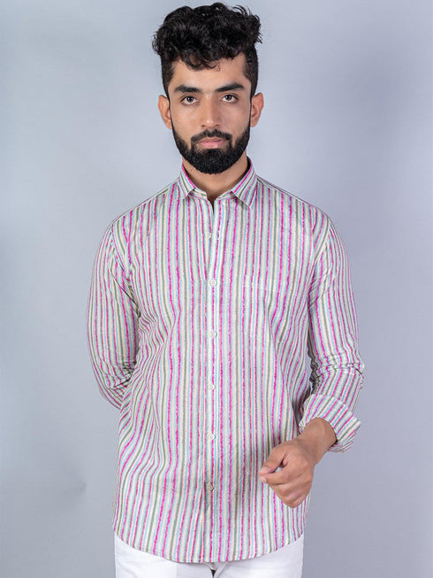 Miravan Mens Regular Fit Multi Stripe Cotton Button Down Full Sleeve Slim Fit Shirt
