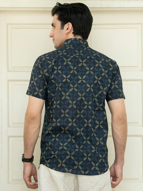 Miravan Mens Pure Cotton Blue Abstract Printed Half Sleeve Slim Fit Shirt