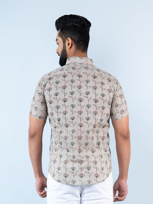 Miravan Mens Floral Printed Half Sleeve Spread Collar Ethnic Motifs Beige Slim Fit Shirt