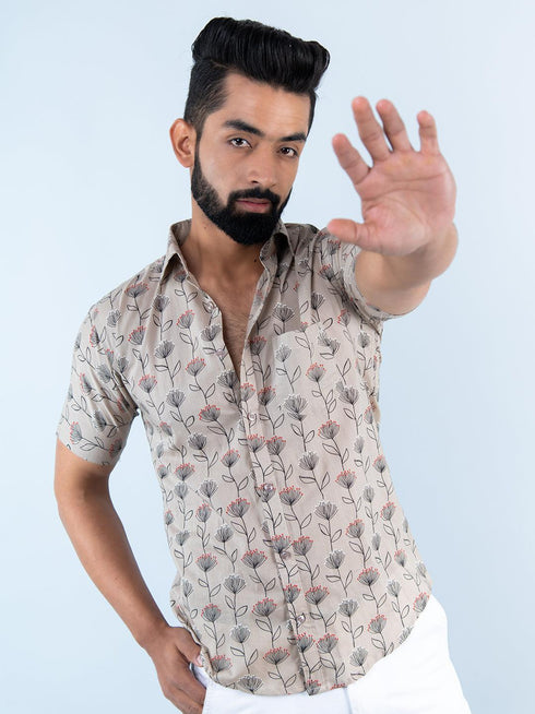 Miravan Mens Floral Printed Half Sleeve Spread Collar Ethnic Motifs Beige Slim Fit Shirt