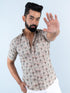 Miravan Mens Floral Printed Half Sleeve Spread Collar Ethnic Motifs Beige Slim Fit Shirt