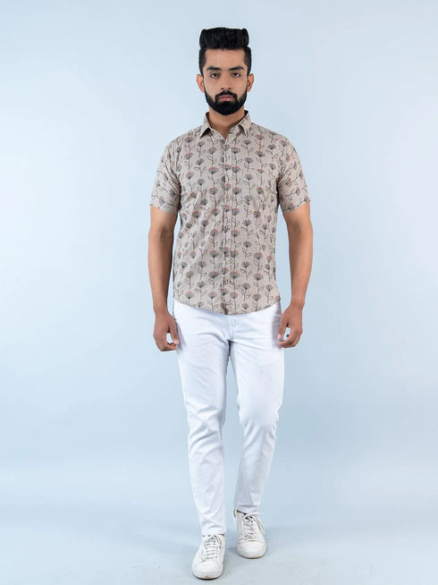 Miravan Mens Floral Printed Half Sleeve Spread Collar Ethnic Motifs Beige Slim Fit Shirt