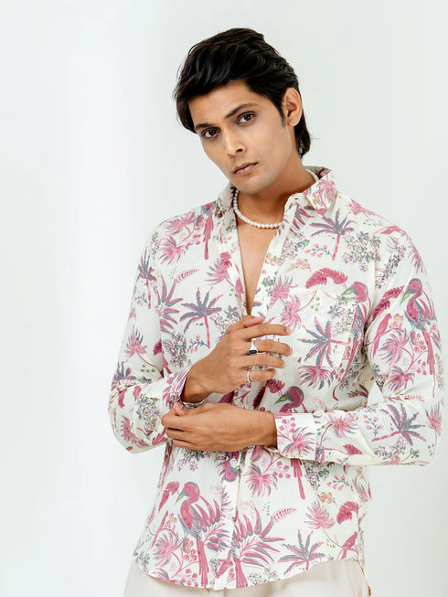 Miravan Mens Pure Cotton Light Pink Bird And Floral Printed Full Sleeve Slim Fit Shirt