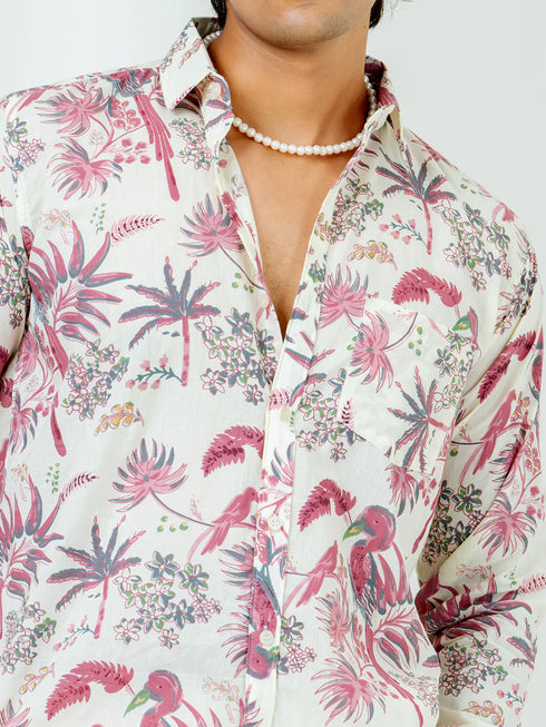 Miravan Mens Pure Cotton Light Pink Bird And Floral Printed Full Sleeve Slim Fit Shirt