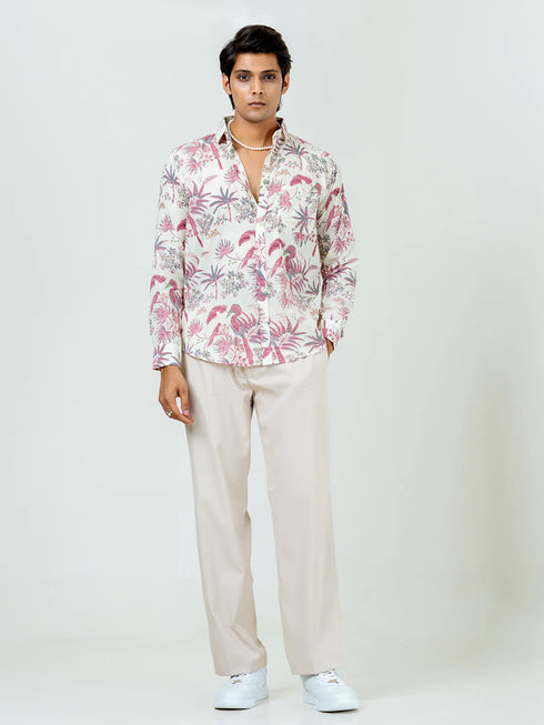 Miravan Mens Pure Cotton Light Pink Bird And Floral Printed Full Sleeve Slim Fit Shirt