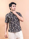 Miravan Mens Floral Printed Half Sleeve Spread Collar Ethnic Motifs Black Slim Fit Shirt