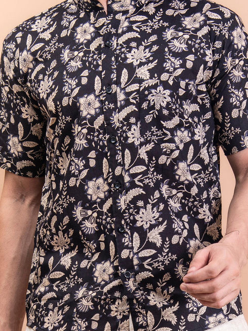 Miravan Mens Floral Printed Half Sleeve Spread Collar Ethnic Motifs Black Slim Fit Shirt