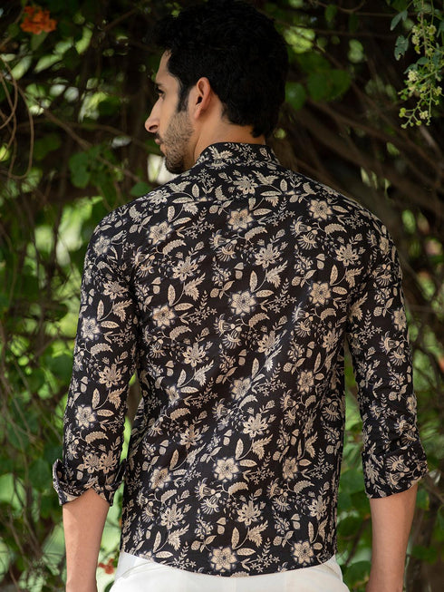 Miravan Mens Cotton Black Floral Printed Full Sleeve Slim Fit Shirt