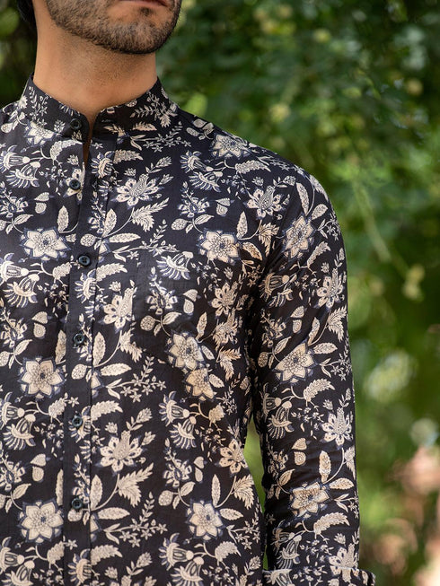 Miravan Mens Cotton Black Floral Printed Full Sleeve Slim Fit Shirt