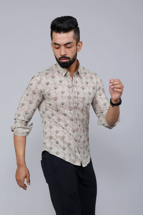 Miravan Mens Beige Comfort Floral Printed Casual Shirt