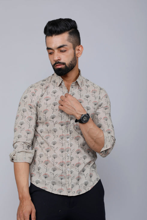 Miravan Mens Beige Comfort Floral Printed Casual Shirt