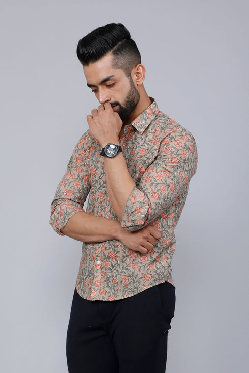 Miravan Mens Beige Comfort Floral Printed Casual Shirt