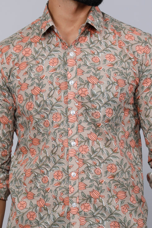 Miravan Mens Beige Comfort Floral Printed Casual Shirt