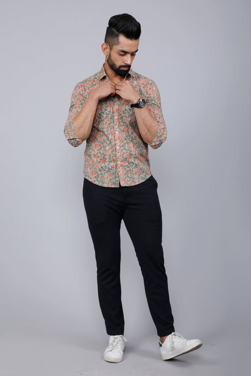 Miravan Mens Beige Comfort Floral Printed Casual Shirt
