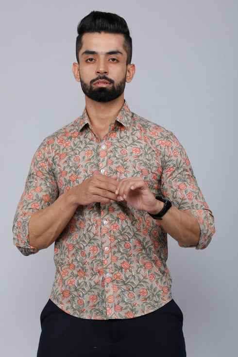 Miravan Mens Beige Comfort Floral Printed Casual Shirt