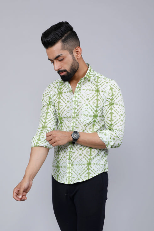 Miravan Mens Premium Green And White Slim Fit Tie Dye Cotton Shirt