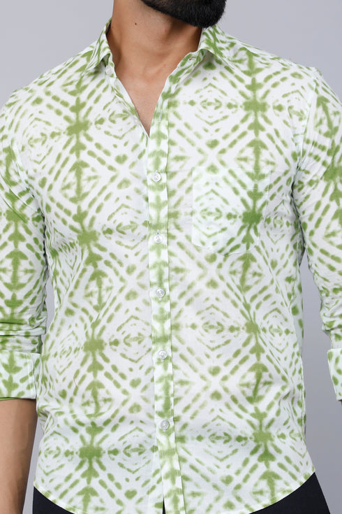 Miravan Mens Premium Green And White Slim Fit Tie Dye Cotton Shirt