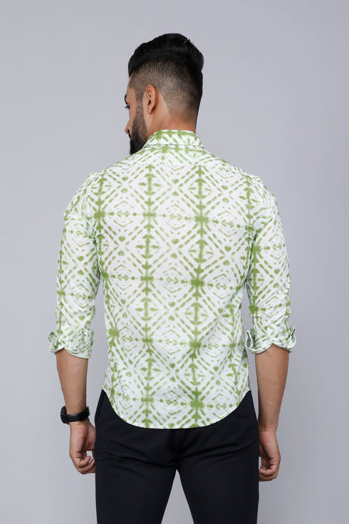 Miravan Mens Premium Green And White Slim Fit Tie Dye Cotton Shirt