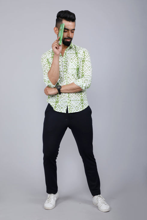 Miravan Mens Premium Green And White Slim Fit Tie Dye Cotton Shirt