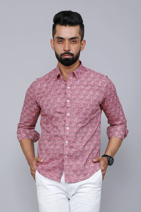 Miravan Mens Pink Spread Collar Floral Print Casual Shirt