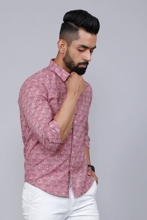 Miravan Mens Pink Spread Collar Floral Print Casual Shirt