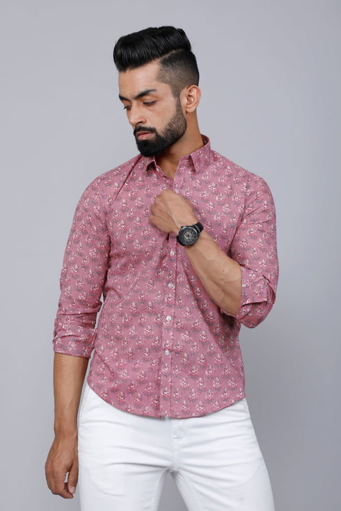 Miravan Mens Pink Spread Collar Floral Print Casual Shirt