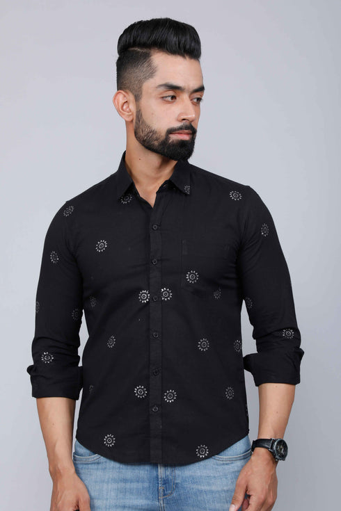 Miravan Mens Black Pure Cotton Floral Print Casual Shirt