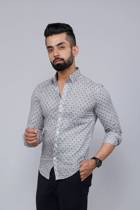 Miravan Mens Blue Pure Cotton Handblock Floral Print Shirt