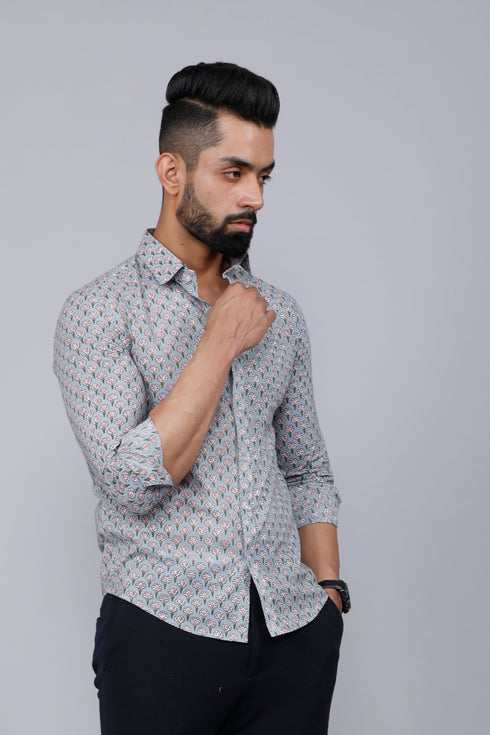 Miravan Mens Blue Pure Cotton Handblock Floral Print Shirt