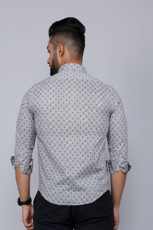 Miravan Mens Blue Pure Cotton Handblock Floral Print Shirt