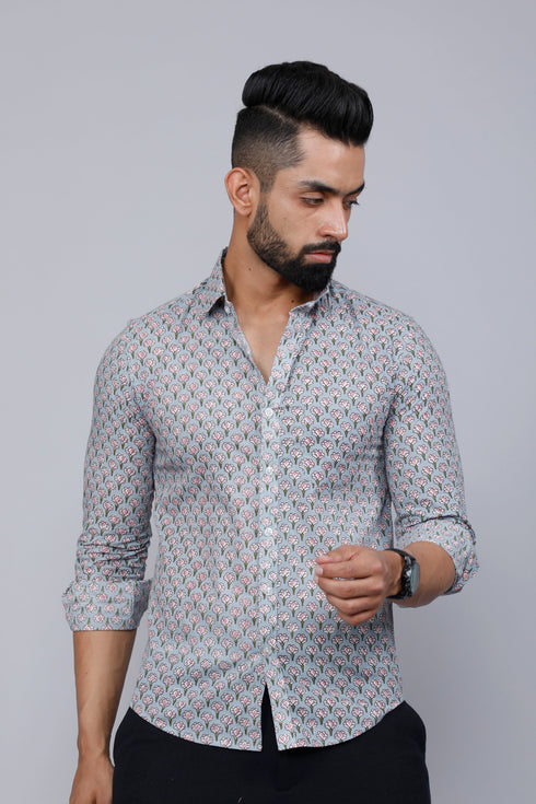 Miravan Mens Blue Pure Cotton Handblock Floral Print Shirt