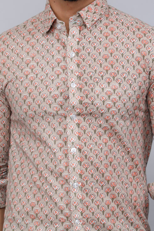 Miravan Mens Beige Pure Cotton Handblock Floral Print Shirt