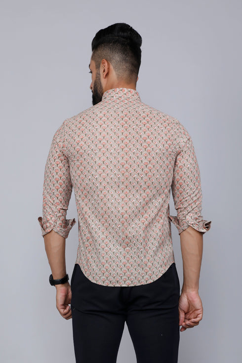 Miravan Mens Beige Pure Cotton Handblock Floral Print Shirt