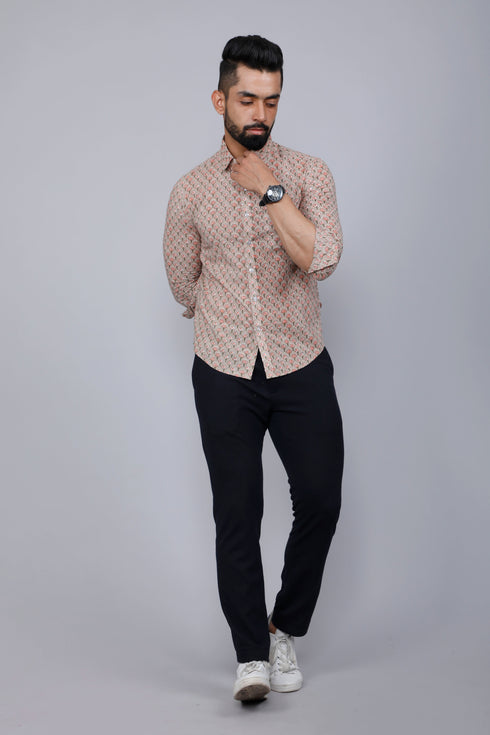 Miravan Mens Beige Pure Cotton Handblock Floral Print Shirt