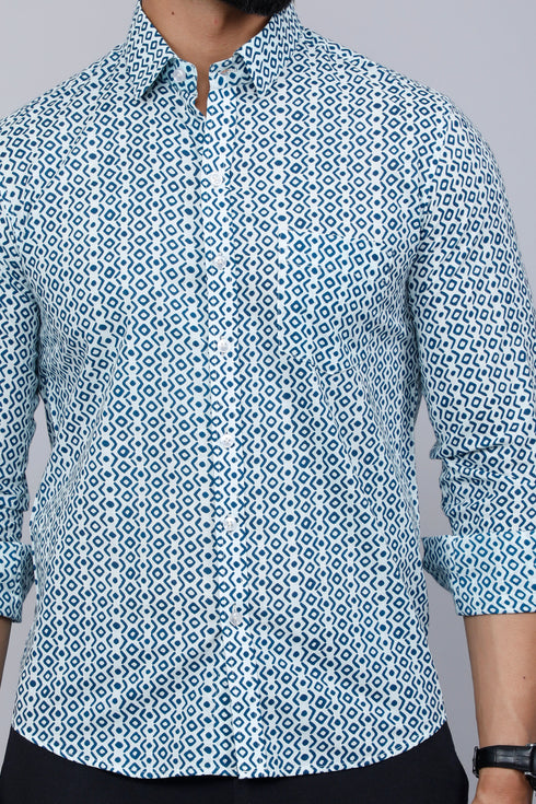 Miravan Mens White and Blue Premium Cotton Floral Print Casual Shirt