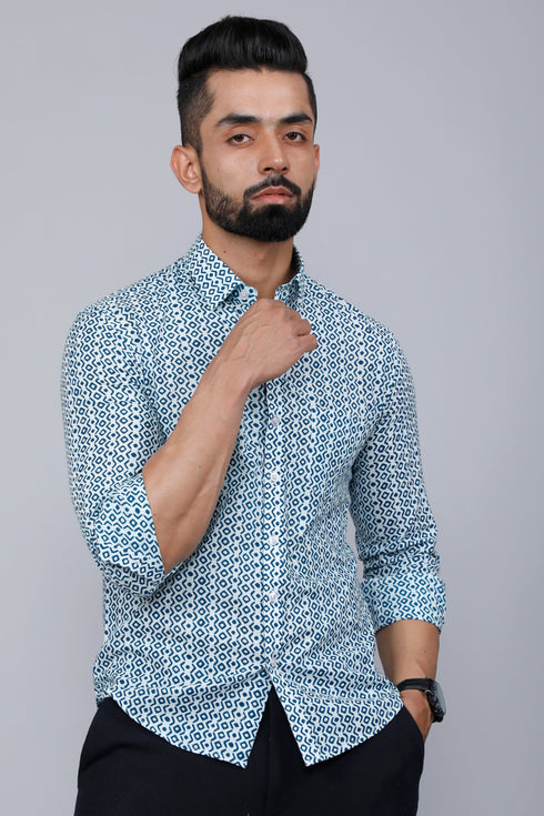 Miravan Mens White and Blue Premium Cotton Floral Print Casual Shirt